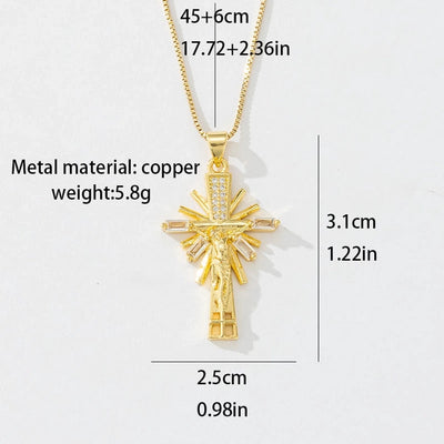 Copper box chain 18K Gold Plated Inlay Carving Cross Zircon Pendant Necklace