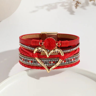 elegant classic style heart shape pu leather inlay rhinestones women's bracelets