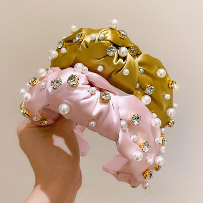 retro lady classic style solid color cloth inlaid pearls hair band