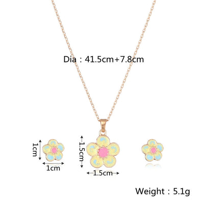 creative children's jewelry set cartoon flower jewelry set alloy drop oil necklace earrings two-piece set