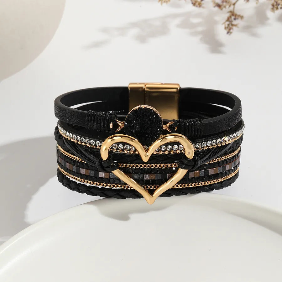 elegant classic style heart shape pu leather inlay rhinestones women's bracelets