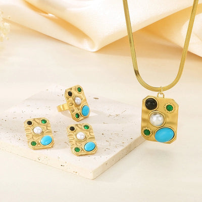 Jewelry Elegant Vintage Style Streetwear Square 304 Stainless Steel Artificial Gemstones Turquoise Pearl 18K Gold Plated Inlay Jewelry Set