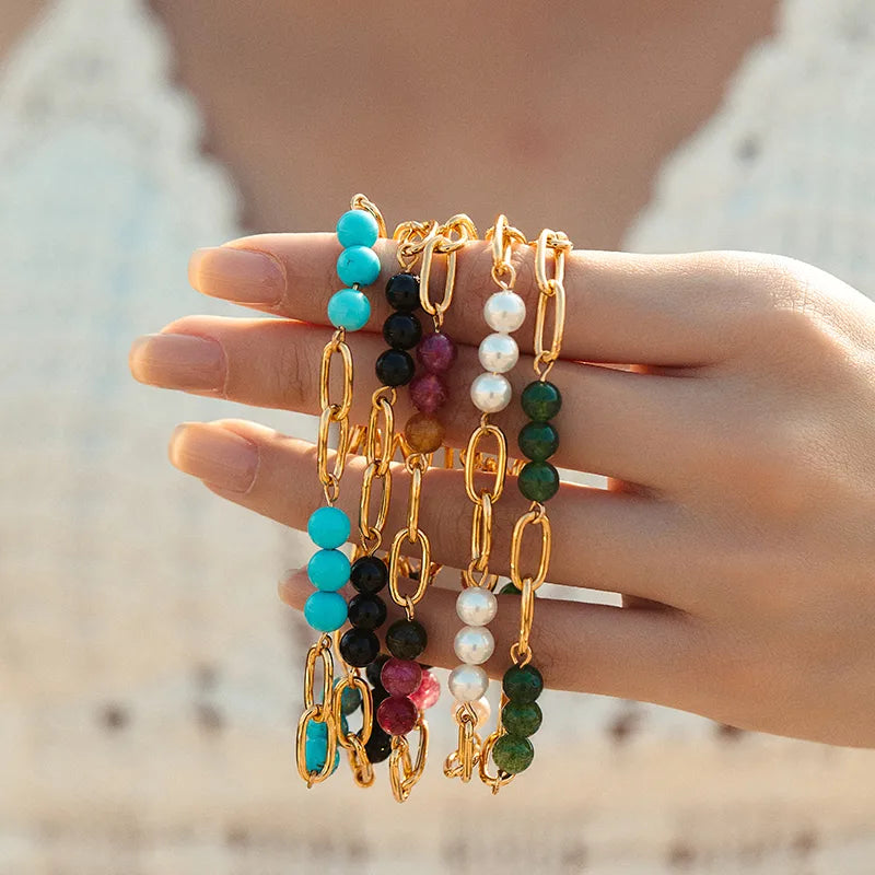 Copper Beaded Pearl Natural Stone Turquoise Bracelets
