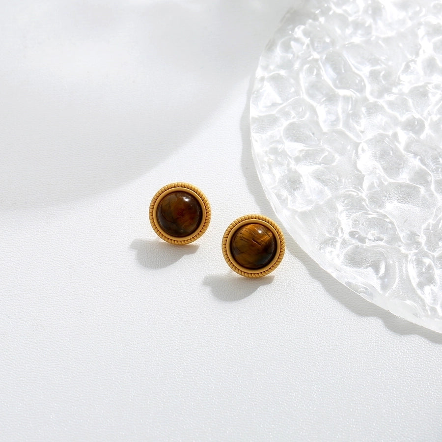 1 Pair Vintage Style Simple Style Geometric Round Heart Shape Plating Inlay Copper Natural Stone Zircon 18K Gold Plated Ear Studs
