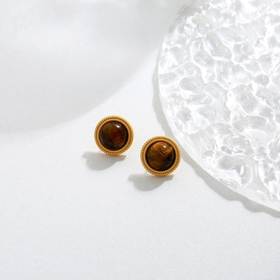 1 Pair Vintage Style Simple Style Geometric Round Heart Shape Plating Inlay Copper Natural Stone Zircon 18K Gold Plated Ear Studs