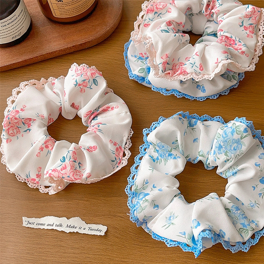 Women's Japanese Style Sweet Pastoral Flower Cloth Rib-Knit Lace Hair Tie