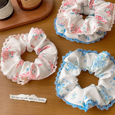 Women's Japanese Style Sweet Pastoral Flower Cloth Rib-Knit Lace Hair Tie