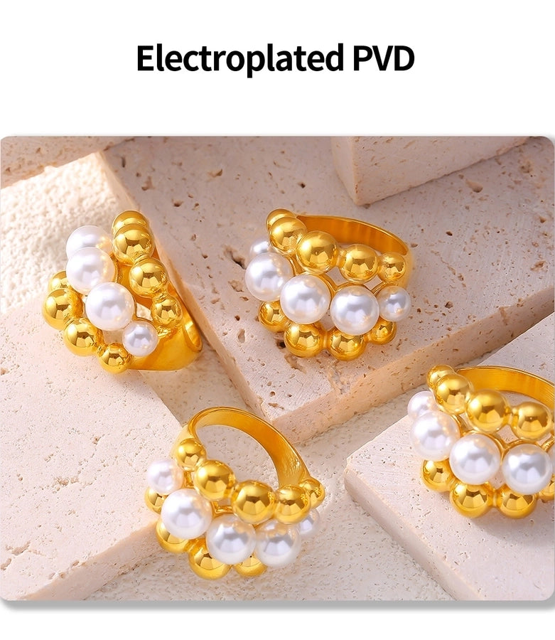 Jewelry Elegant French Style Round 304 Stainless Steel Artificial Pearls 18K Gold Plated Layered Inlay Rings