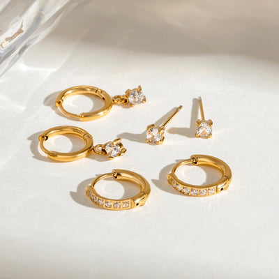 18K Gold Stainless Steel Rhinestone White Rhinestone Ear Clip Earrings 3 Pairs One Card