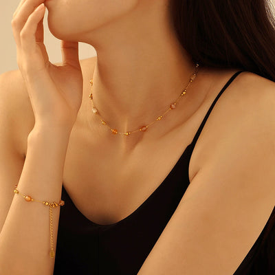 Europe and America  Fashion Natural Stone Golden Balls Beaded Necklace Temperamental Bracelet Stainless Steel Handmade Chain Jewelry Suit
