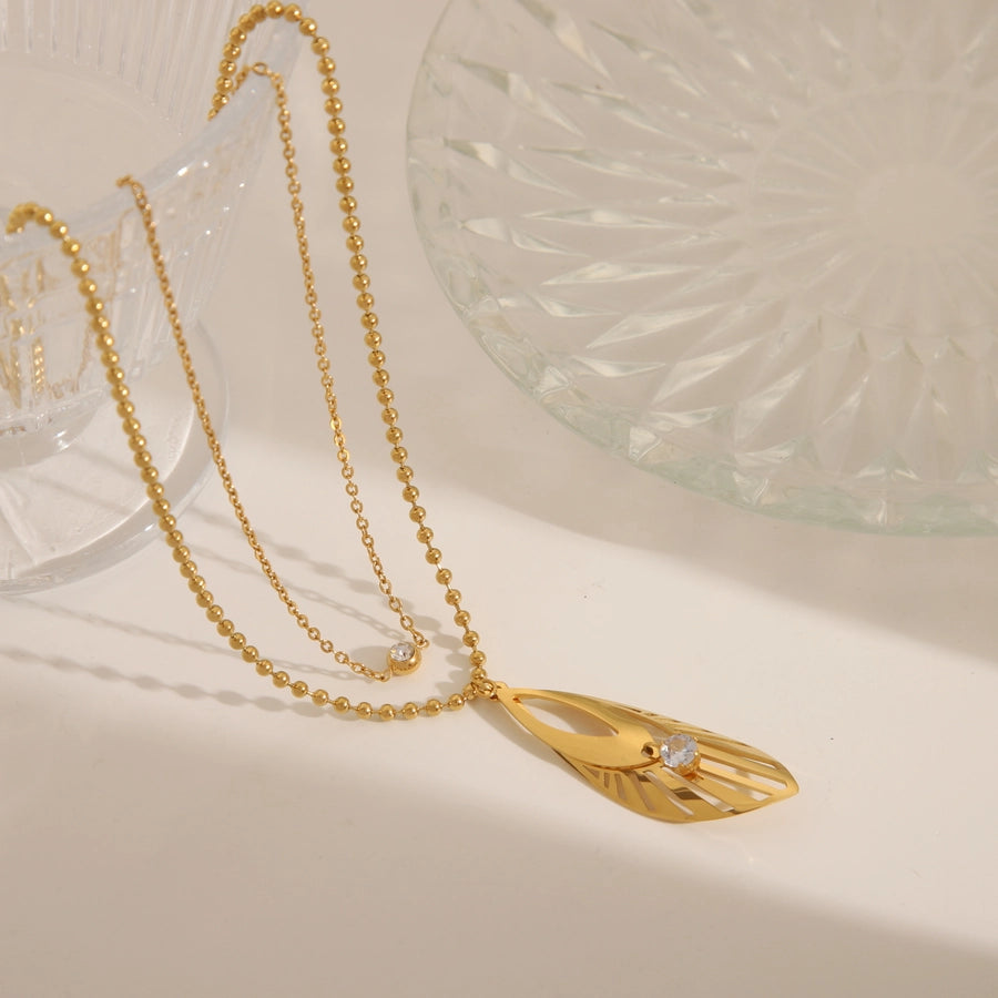 Jewelry Retro French Style Romantic Leaf Wings 304 Stainless Steel Zircon 18K Gold Plated Hollow Out Inlay Earrings Necklace