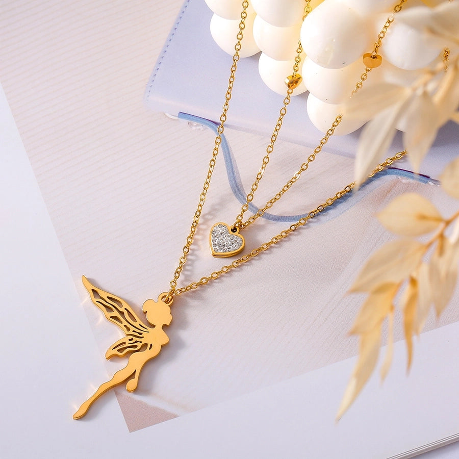 Jewelry Sweet Korean Style Angel Heart Shape 304 Stainless Steel Rhinestones 18K Gold Plated Layered Plating Inlay Double Layer Necklaces Pendant Necklace