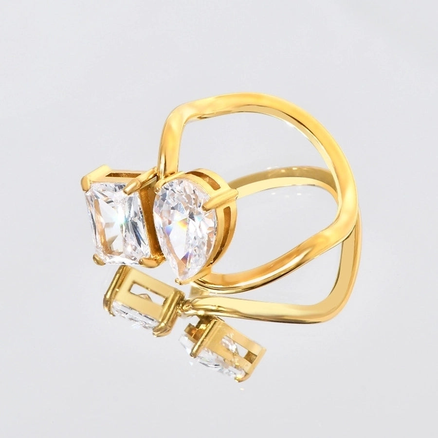 Jewelry Elegant Square Water Droplets 304 Stainless Steel Rhinestones 18K Gold Plated Inlay Rings