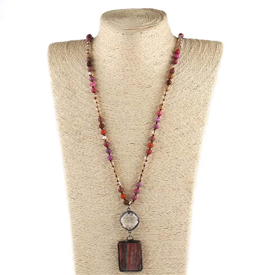Retro Geometric natural stone Beaded Chain Pendant Necklace In Bulk