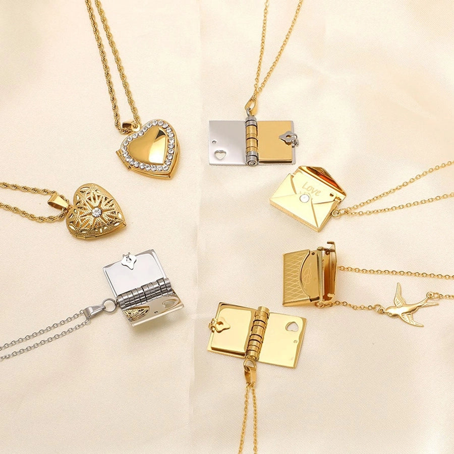 Jewelry IG Style envelope Heart Shape Titanium Steel Zircon Gold Plated Inlay Pendant Necklace