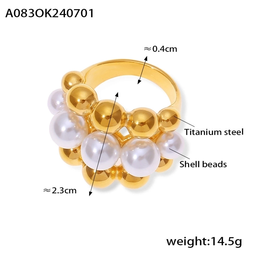 Jewelry Elegant French Style Round 304 Stainless Steel Artificial Pearls 18K Gold Plated Layered Inlay Rings