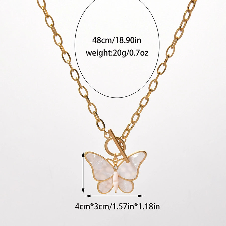 Jewelry Elegant Sweet Round Butterfly 304 Stainless Steel Fritillary 14K Gold Plated Plating Hollow Out Inlay Pendant Necklace