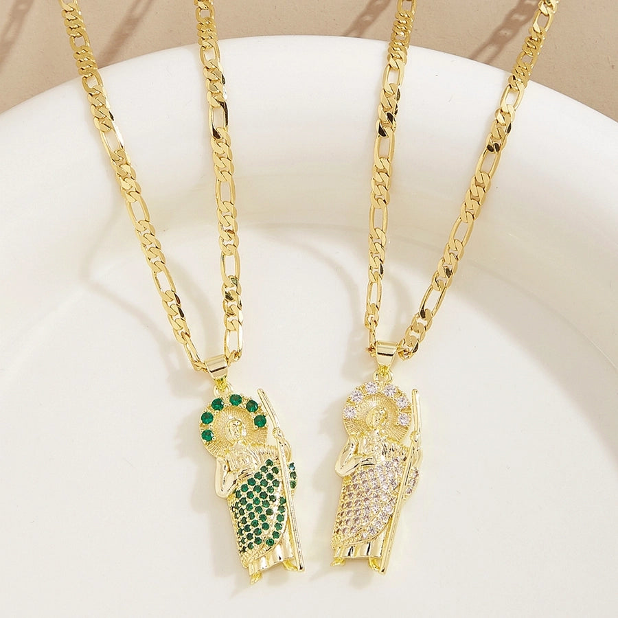 Jewelry Retro Religion Classic Style Human Copper Zircon 18K Gold Plated Inlay Pendant Necklace