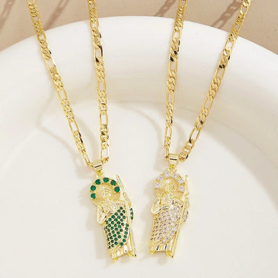 Jewelry Retro Religion Classic Style Human Copper Zircon 18K Gold Plated Inlay Pendant Necklace