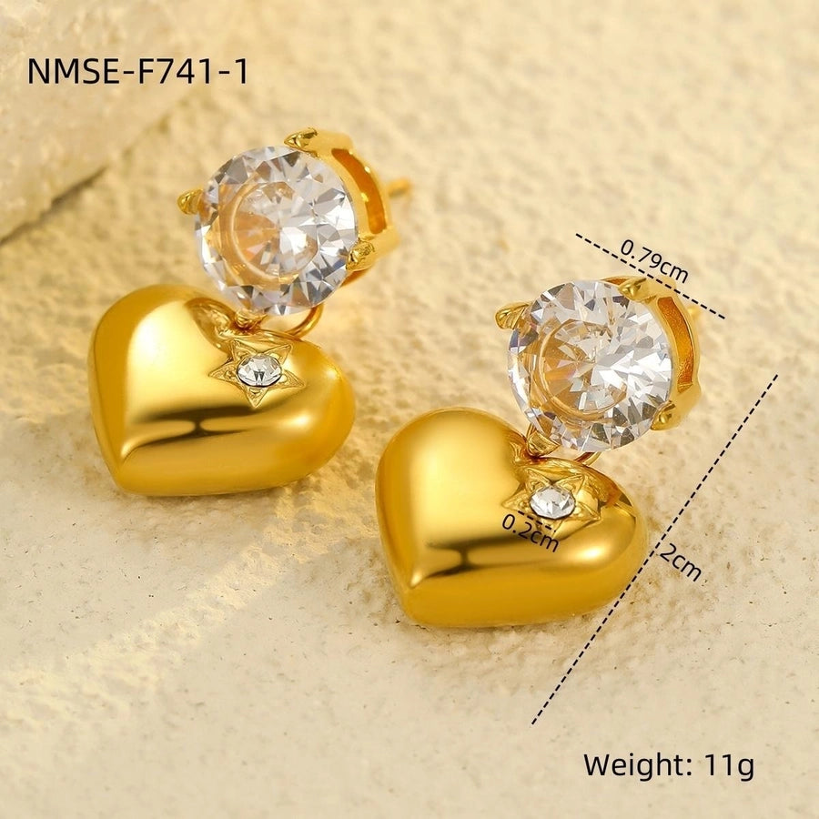 1 Pair Retro Sweet Round Heart Shape Inlay 304 Stainless Steel Zircon 18K Gold Plated Drop Earrings
