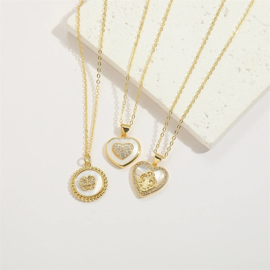 Shell Copper 14K Gold Plated Inlay Heart Shape Butterfly Zircon Pendant Necklace