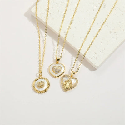 Shell Copper 14K Gold Plated Inlay Heart Shape Butterfly Zircon Pendant Necklace