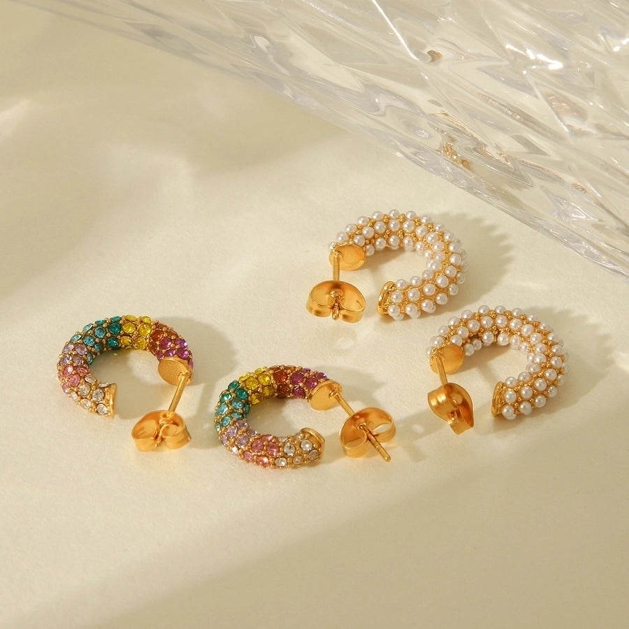 1 Piece IG Style C Shape Plating Inlay 304 Stainless Steel Rhinestones Pearl 18K Gold Plated Ear Studs