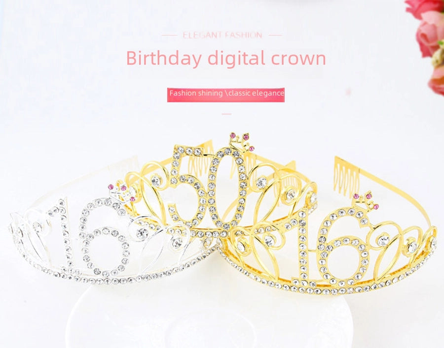 New Birthday Crown  60 Digital Birthday Headband Bridal Banquet Rhinestone Hair Accessories Alloy Headband Women
