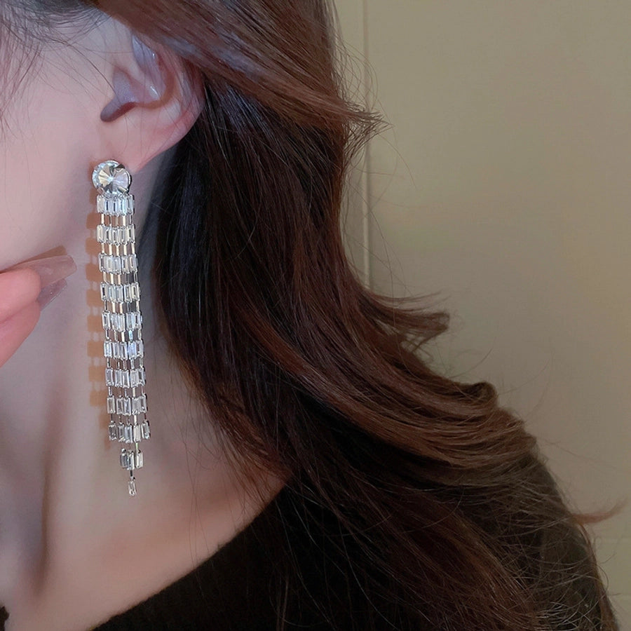1 Pair Elegant Lady Geometric Tassel Copper Rhinestones Drop Earrings