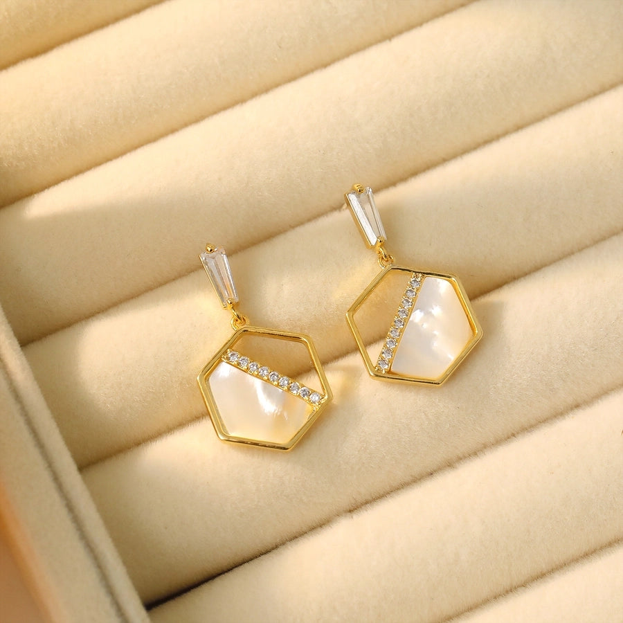 1 Pair Elegant Simple Style Commute Hexagon Inlay Copper White shell Zircon 14K Gold Plated Drop Earrings