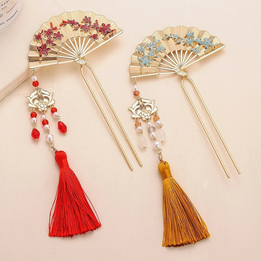 Women's Retro Sector Metal Beaded Tassel Hairpin