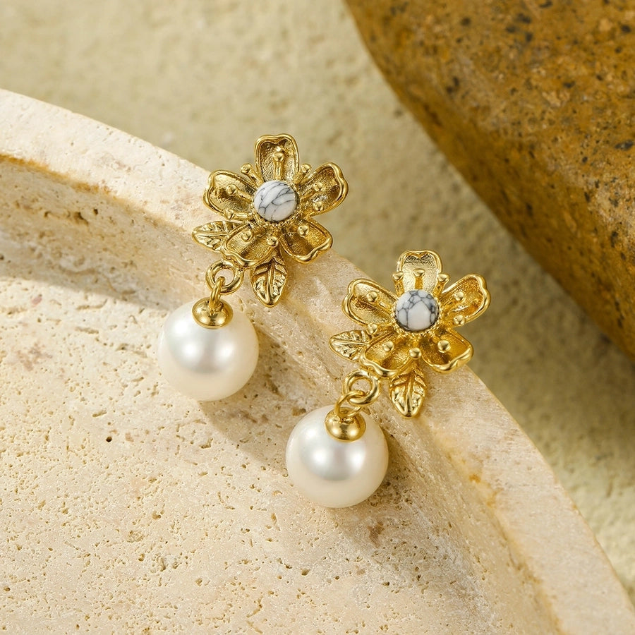 1 Pair Retro Flower Plating Inlay 304 Stainless Steel Natural Stone Pearl 18K Gold Plated Drop Earrings