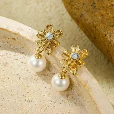 1 Pair Retro Flower Plating Inlay 304 Stainless Steel Natural Stone Pearl 18K Gold Plated Drop Earrings