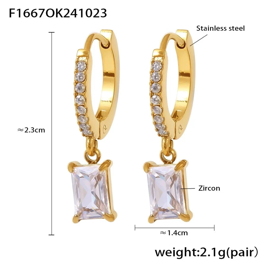 1 Pair Elegant Vacation Rectangle Inlay 304 Stainless Steel Zircon 18K Gold Plated Drop Earrings