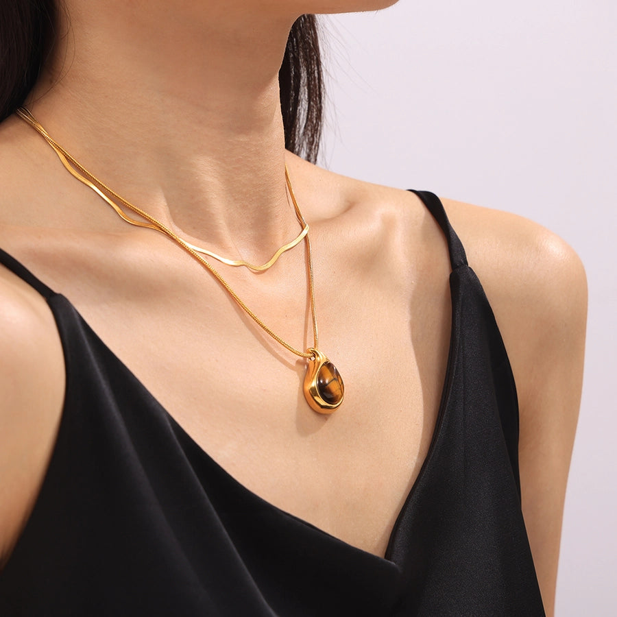 Jewelry Retro Classic Style Water Droplets 304 Stainless Steel Tiger Eye 18K Gold Plated Plating Inlay Pendant Necklace Necklace