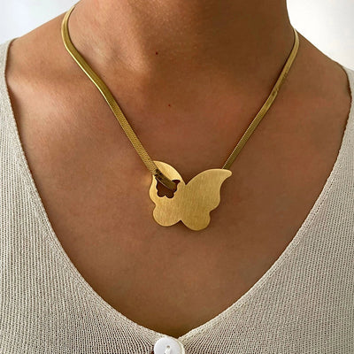 Jewelry Retro Exaggerated Heart Shape Butterfly 316L Stainless Steel  18K Gold Plated Pendant Necklace