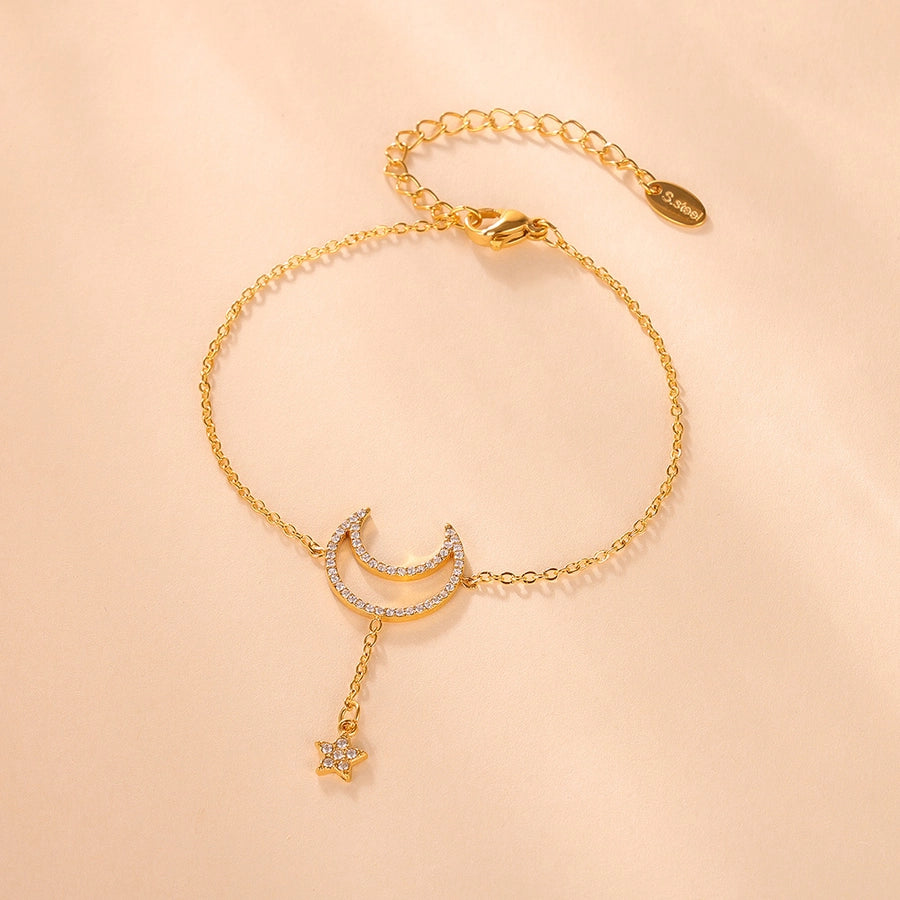 Jewelry Elegant Luxurious Vacation Moon Titanium Steel Rhinestones 18K Gold Plated Plating Jewelry Set