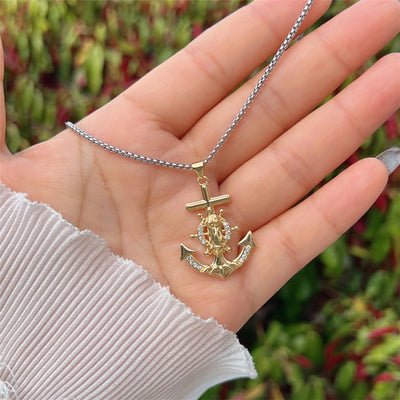 Copper 18K Gold Plated Inlay Anchor Zircon Pendant Necklace
