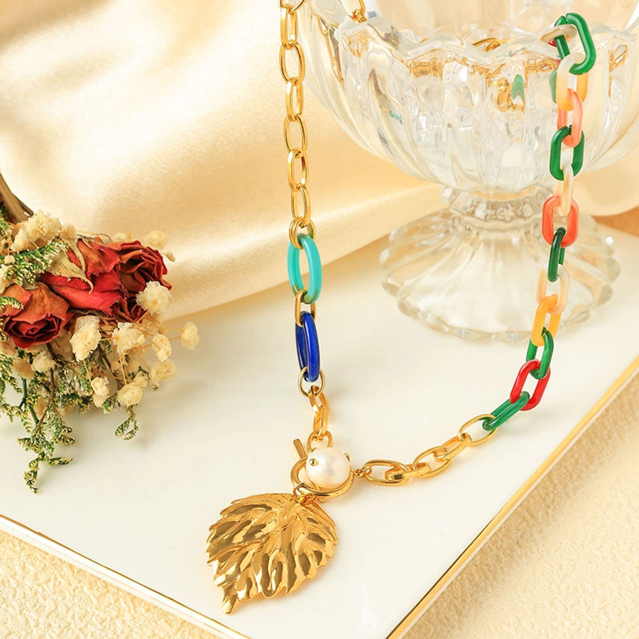 Elegant Vacation Leaves 14K Gold Plated 304 Stainless Steel Arylic  Pendant Necklaces