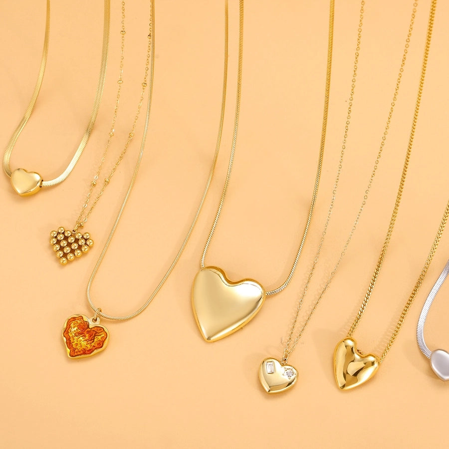 Jewelry Simple Style Heart Shape 304 Stainless Steel Zircon 18K Gold Plated Pendant Necklace