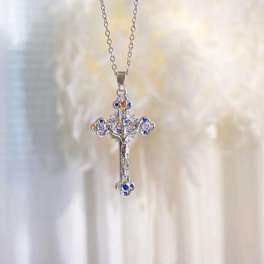 Copper cable chain Plating Cross Zircon Pendant Necklace