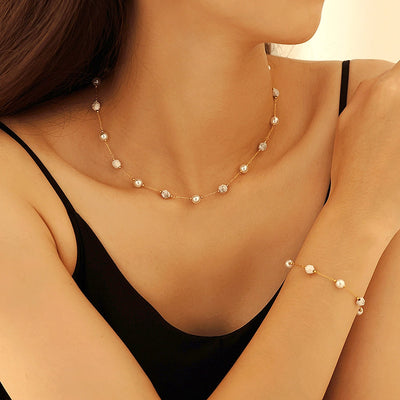 Europe and America  Natural Stone Imitation Pearl Clavicle Necklace Temperamental Bracelet  Style Niche Stainless Steel Jewelry Set