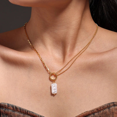 Jewelry Elegant Vacation Rectangle 304 Stainless Steel Baroque pearl 18K Gold Plated Pendant Necklace