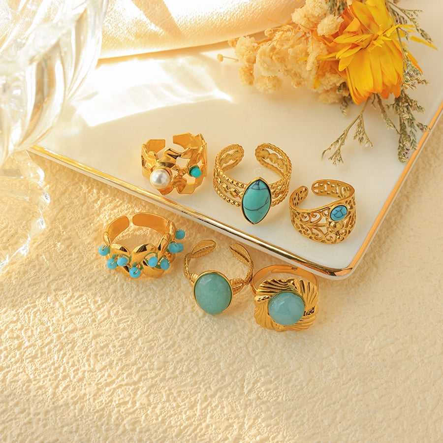 Jewelry Elegant Vintage Style Simple Style Oval 304 Stainless Steel Turquoise 14K Gold Plated Plating Hollow Out Stainless Steel Rings