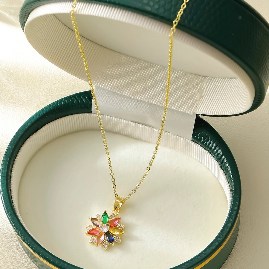 Jewelry Elegant Shiny Flower 304 Stainless Steel Zircon 18K Gold Plated Inlay Pendant Necklace