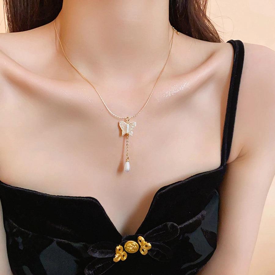 Copper Inlay Butterfly Zircon Pendant Necklace