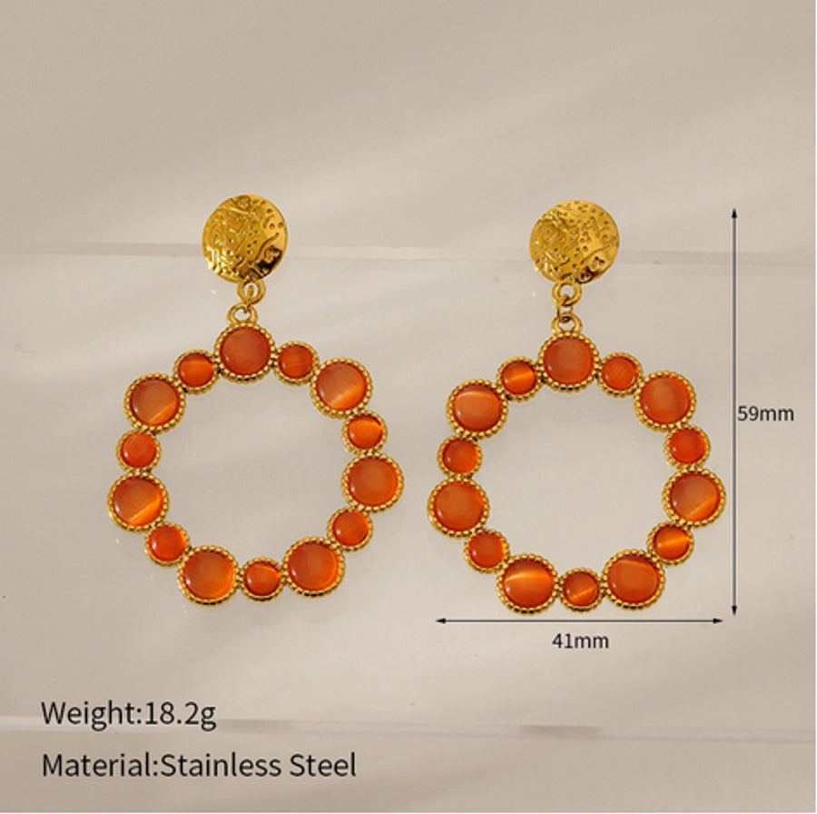 1 Pair Elegant Vintage Style Round 304 Stainless Steel Opal 18K Gold Plated Drop Earrings