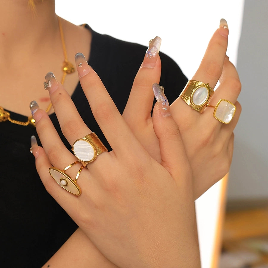 Jewelry Elegant Vacation Simple Style Sun Square Oval 304 Stainless Steel Shell 14K Gold Plated Inlay Open Rings