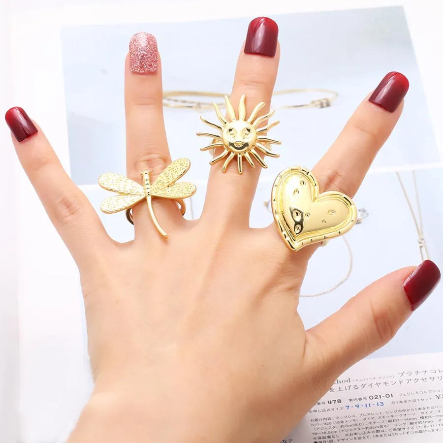 Wholesale Jewelry Retro Simple Style Sun Heart Shape Dragonfly Copper 18K Gold Plated Plating Open Rings
