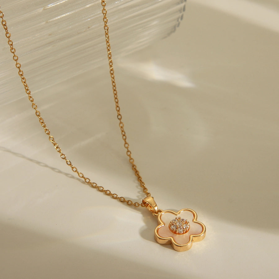 201 Stainless Steel Copper 14K Gold Plated Inlay Flower Shell Zircon Pendant Necklace